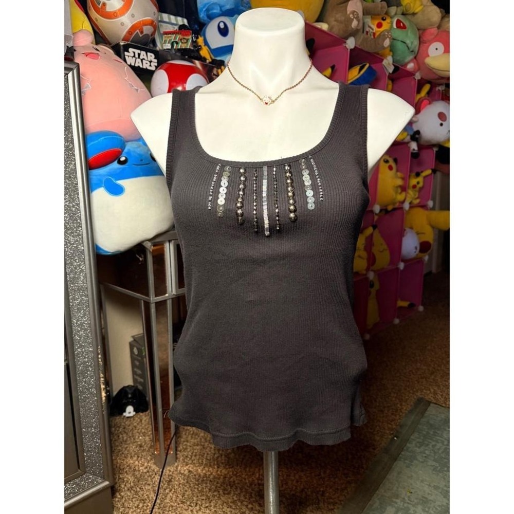 Y2K Apostrophe Women Ribbed Knit Embellished Tank Top Sequin Studded Size M #2